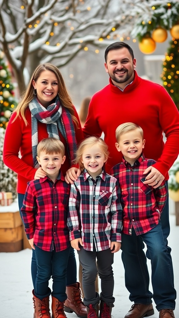 A family of five in coordinated Christmas outfits, smiling in a snowy outdoor setting.